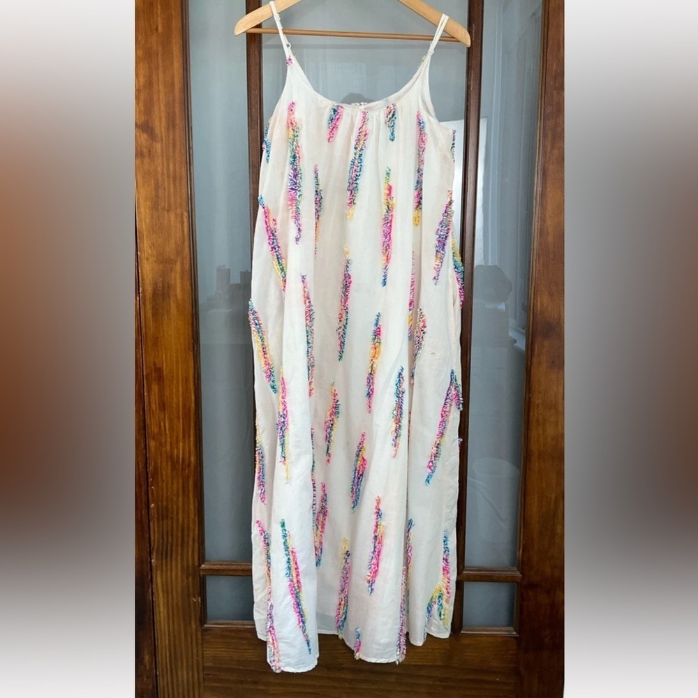 En Créme Women's Spaghetti Straps White Multicolor Maxi Dress Size Small *stains